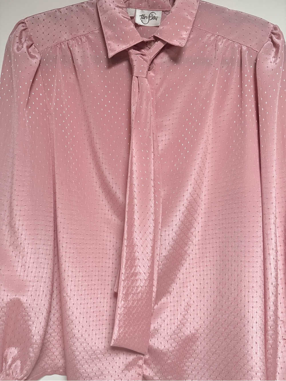Vintage 1970s/80s Mauve Bow Secretary Blouse Silky Pin-Dot *size note* Romantic - Picture 14 of 15